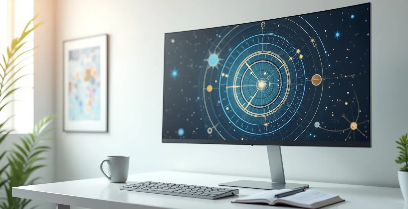 Schermo computer con grafici astrologici astratti e simboli zodiacali stilizzati