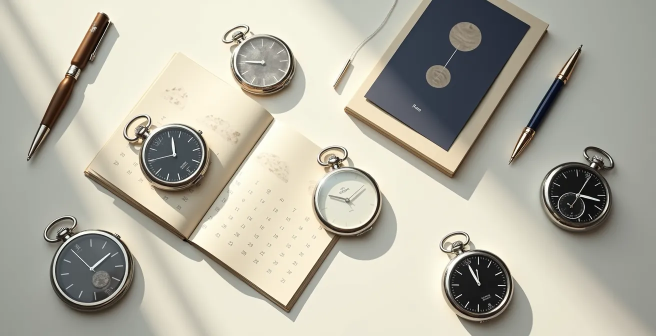 Calendario con simboli planetari e orologi cosmici per la pianificazione professionale