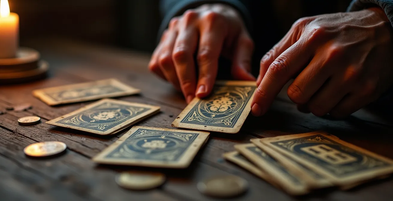 Mani che maneggiano carte da tarocchi su tavolo di legno scuro con candele