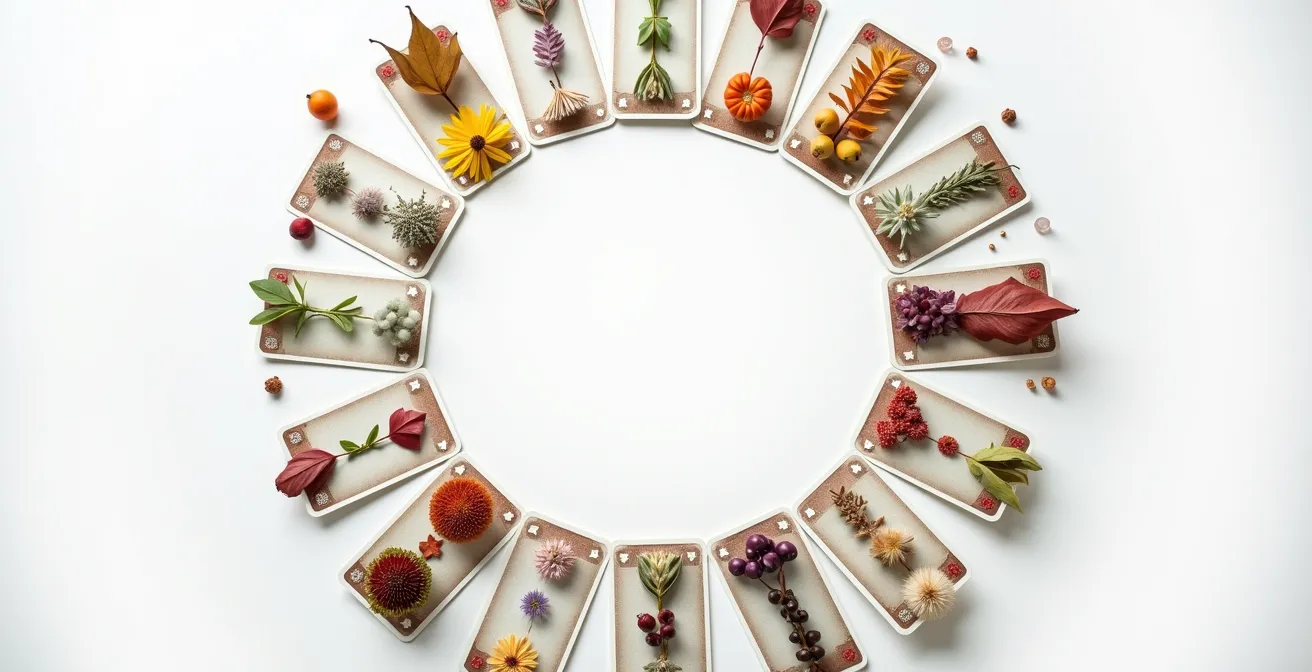 Vista dall'alto di carte tarocchi disposte in cerchio con elementi naturali delle quattro stagioni