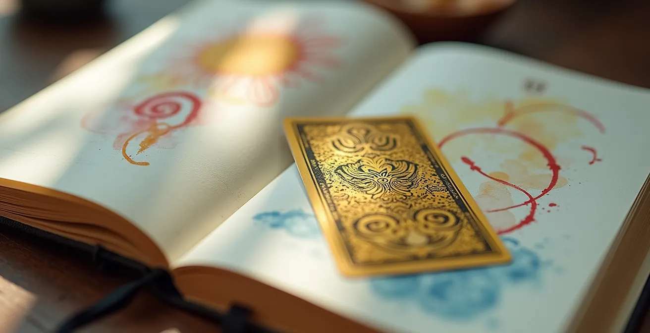 Diario aperto con schizzi artistici e una carta dei tarocchi appoggiata sulla pagina