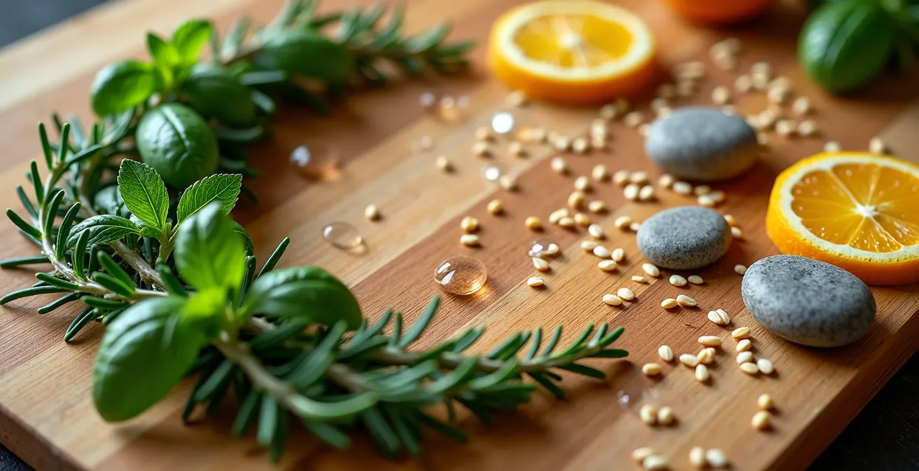 Fasi lunari rappresentate con elementi naturali e alimenti stagionali