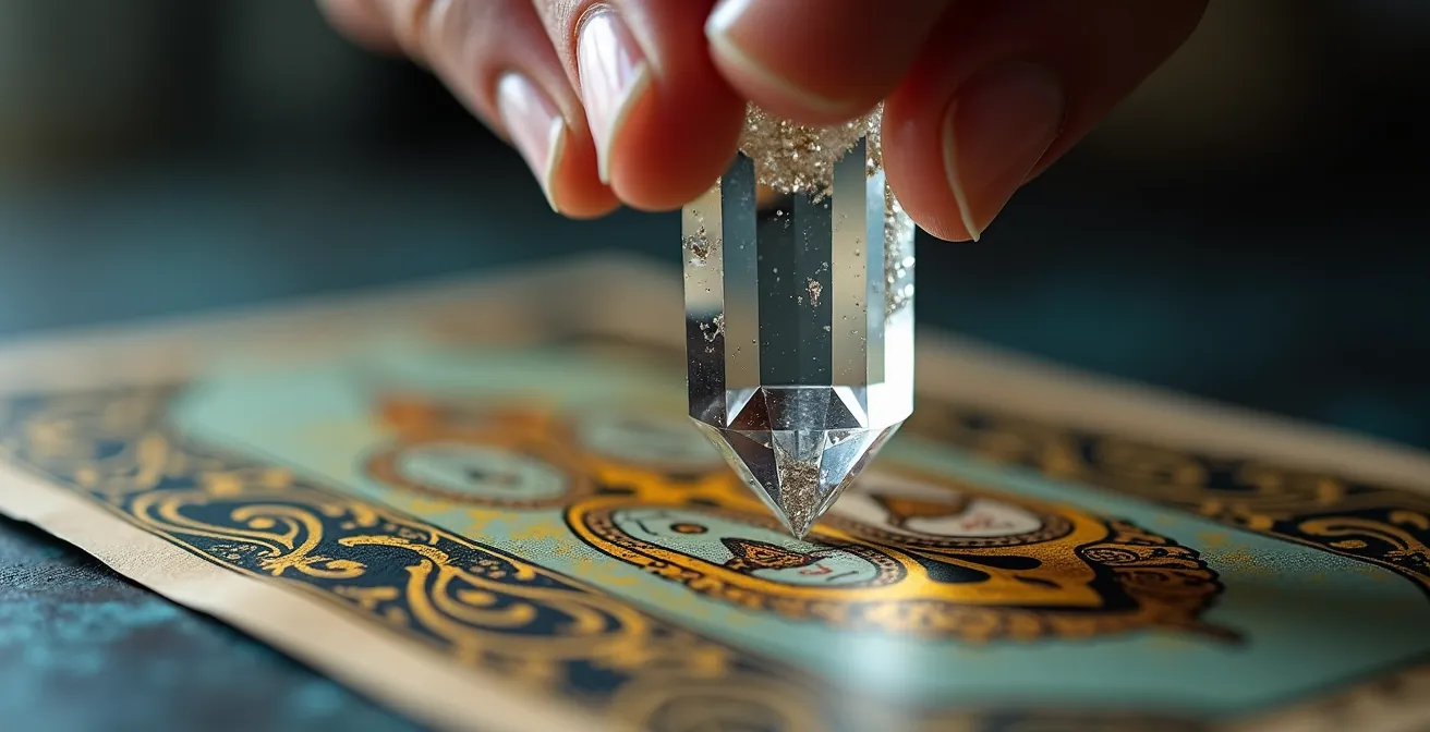 Mano che tiene un pendolo di cristallo sopra carte dei tarocchi disposte sul tavolo