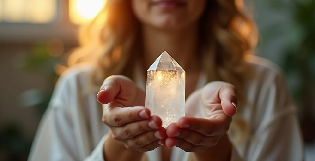 Mani che tengono un cristallo durante la programmazione meditativa