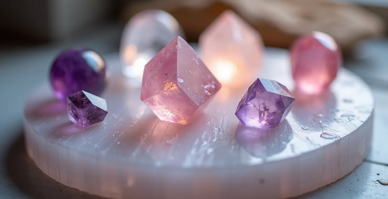 Piastra di selenite con cristalli disposti per la purificazione energetica