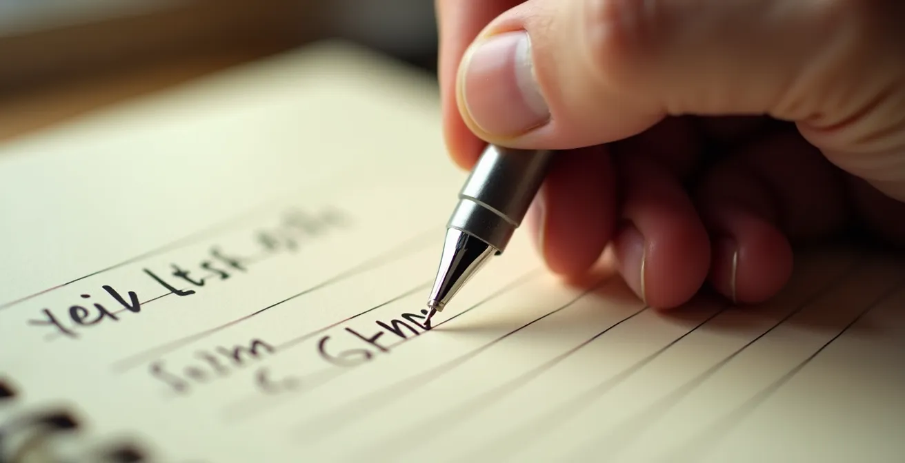 Dettaglio macro di una mano che scrive appunti in un quaderno organizzato