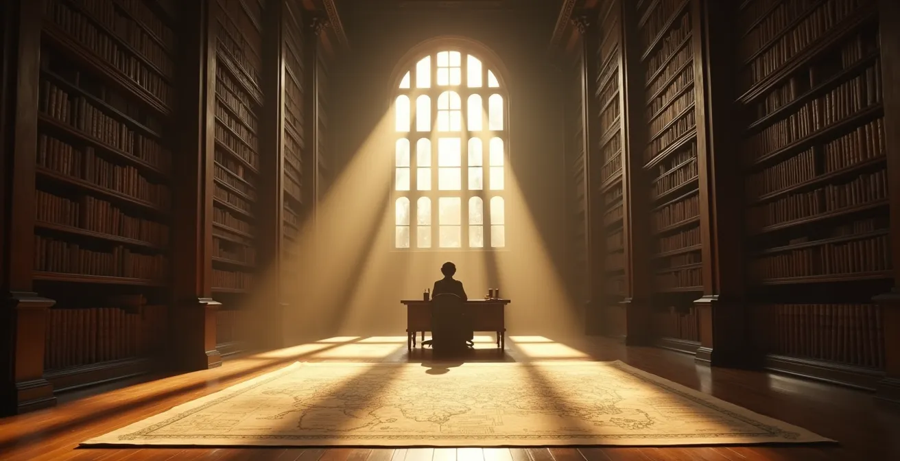 Figura meditativa in biblioteca antica con luce filtrata che studia mappe strategiche
