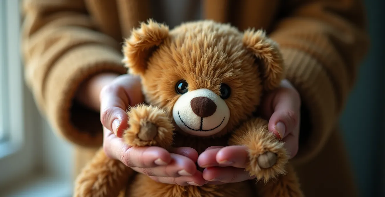 Mani che tengono delicatamente un vecchio orsacchiotto durante la meditazione