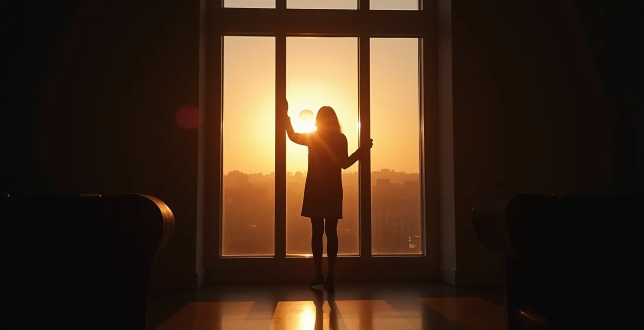 Silhouette di persona in piedi davanti a finestra durante eclissi con ombre drammatiche