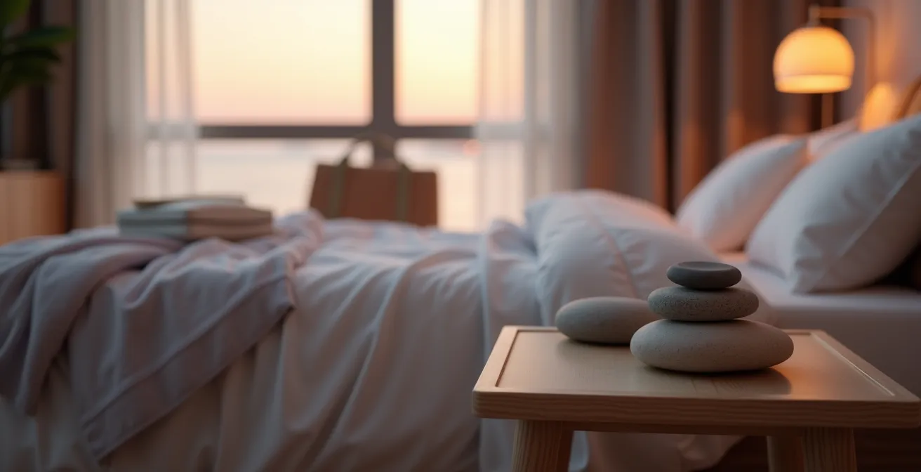 Camera da letto serena con comodino minimalista e pietre protettive