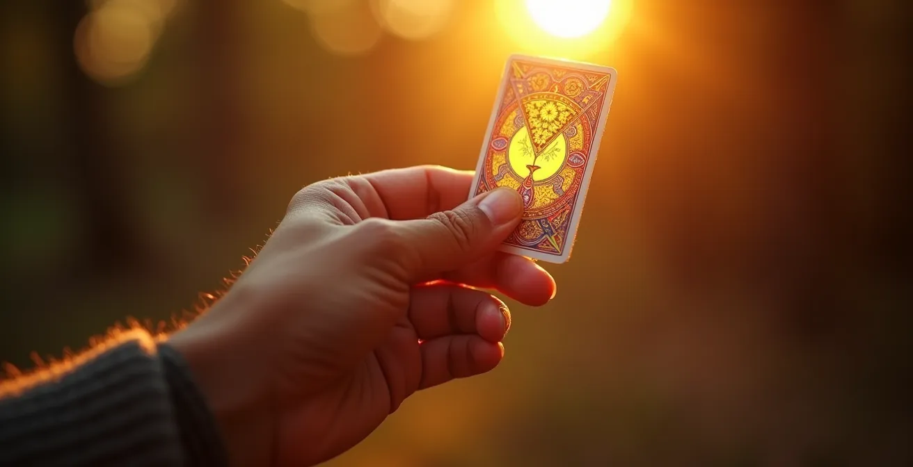 Mano che solleva una carta tarocchi illuminata come chiave di trasformazione