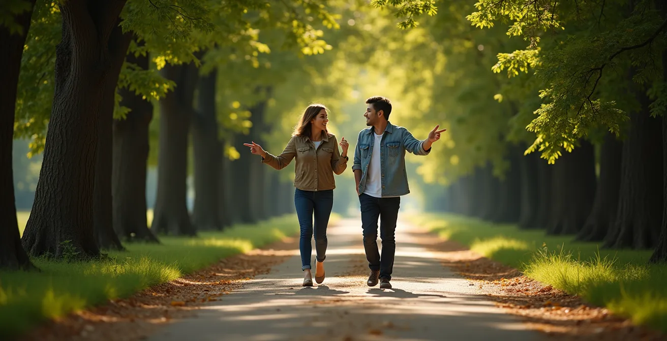 Coppia che cammina insieme in un ambiente naturale mentre conversa animatamente