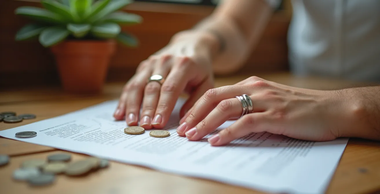 Coppia che lavora insieme su documenti finanziari con elementi naturali