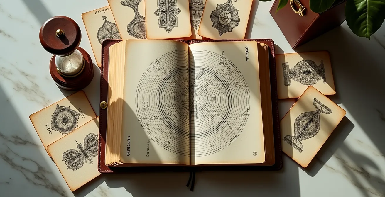 Vista dall'alto di un diario aperto con schemi circolari e carte italiane disposte a spirale