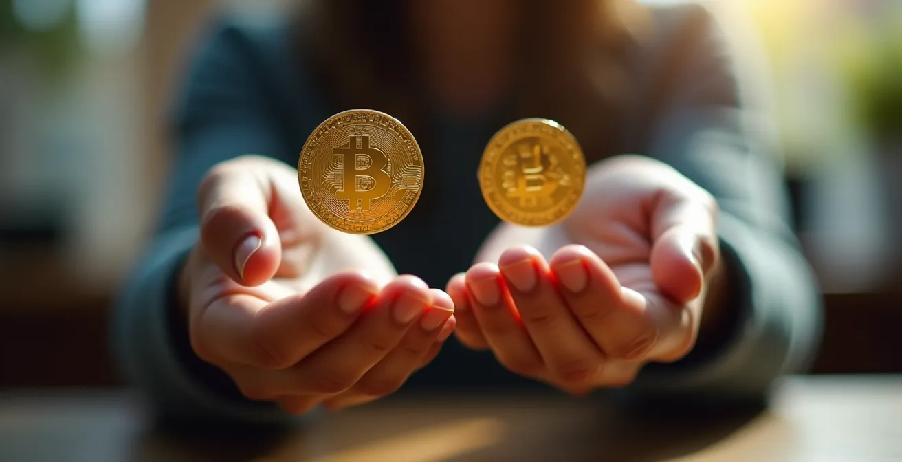 Mani che bilanciano delicatamente due monete dorate in movimento