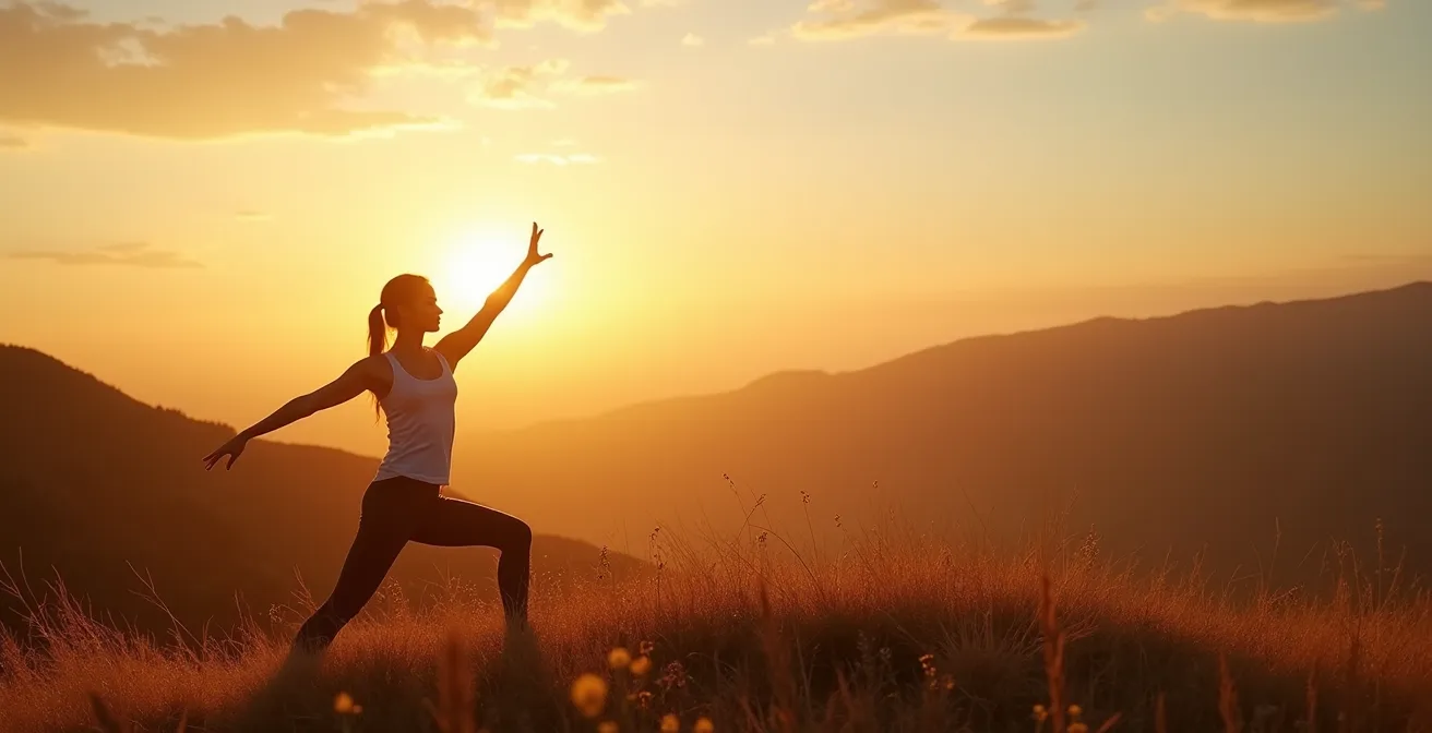 Ambiente sereno con persona che pratica yoga in natura al tramonto, simbolo di energia rinnovata e pace interiore.