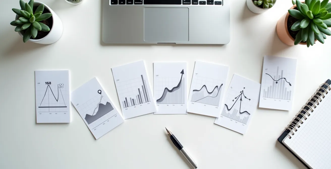 Vista aerea di carte disposte a ferro di cavallo su scrivania aziendale moderna