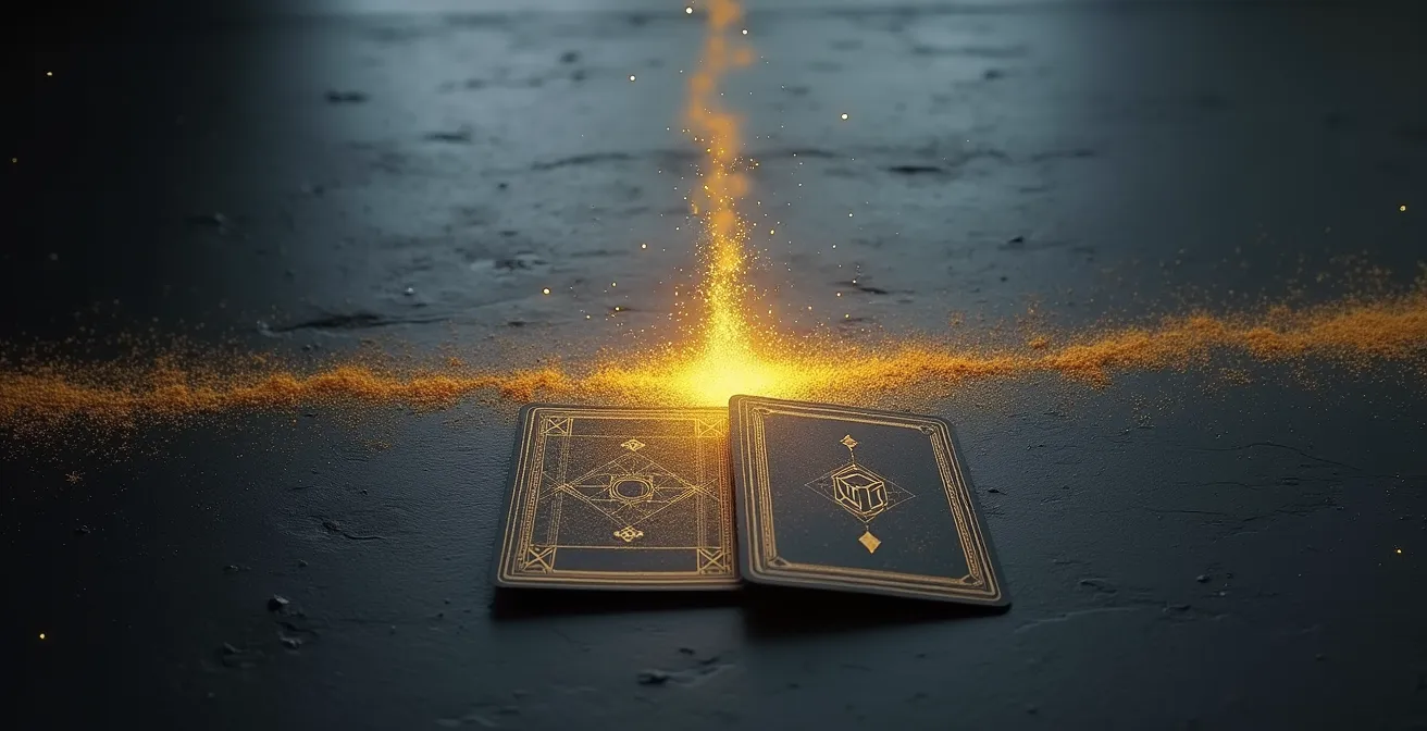 Due carte tarocchi collegate da un flusso di energia luminosa dorata