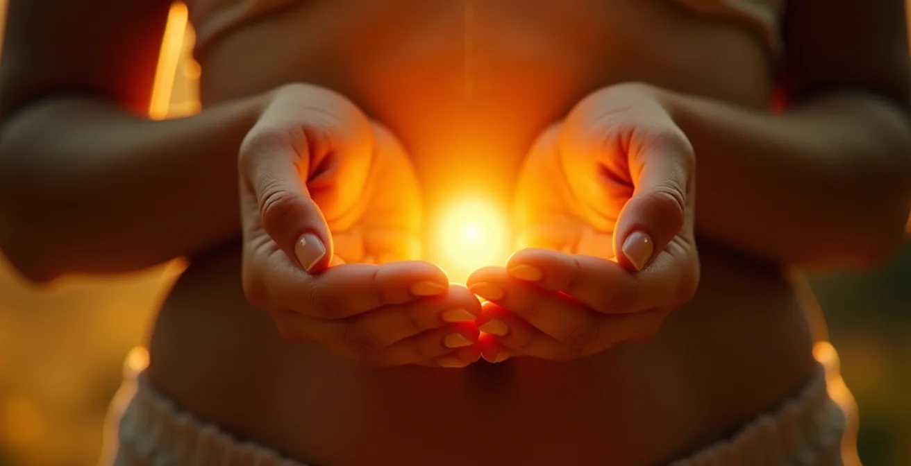 Mani posizionate sul plesso solare con energia dorata visibile