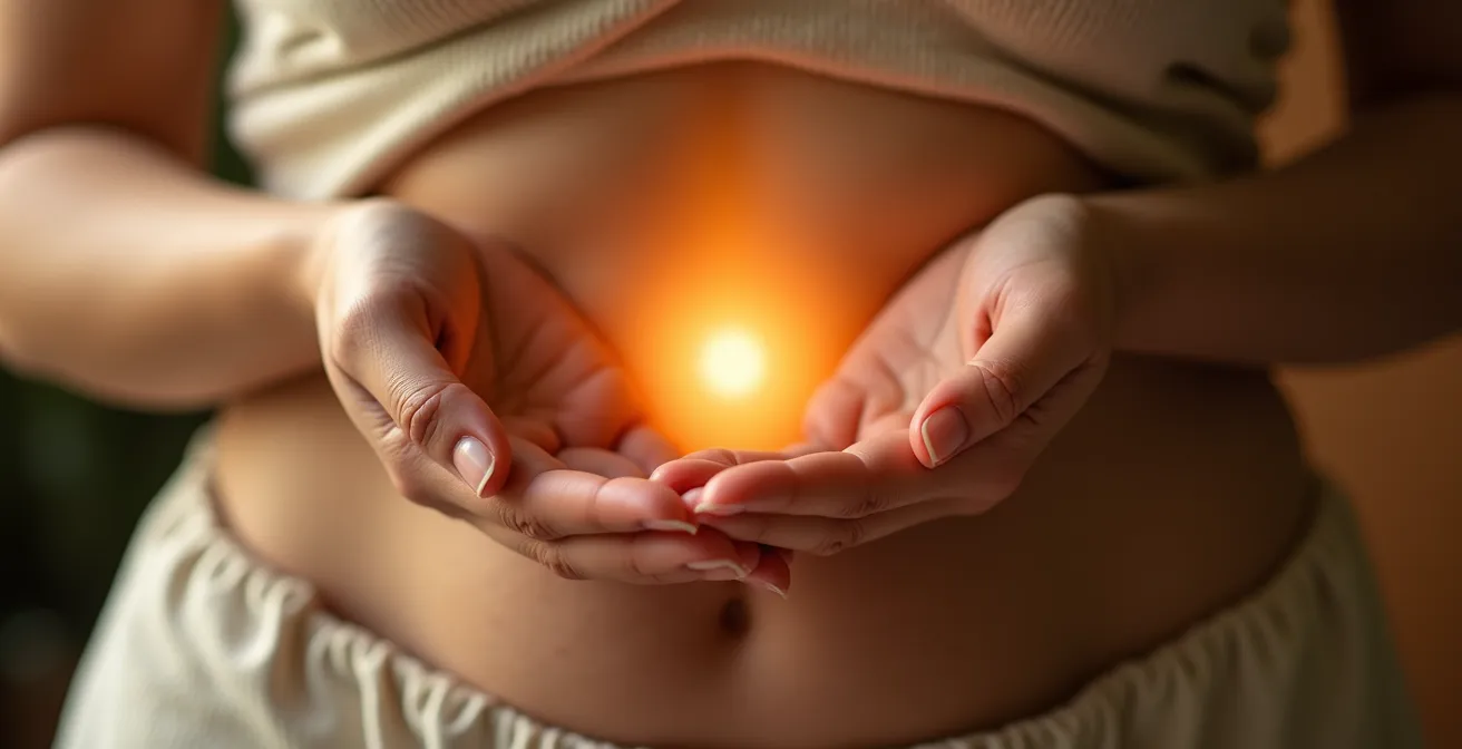 Mani posizionate sul plesso solare con energia calda dorata che fluisce