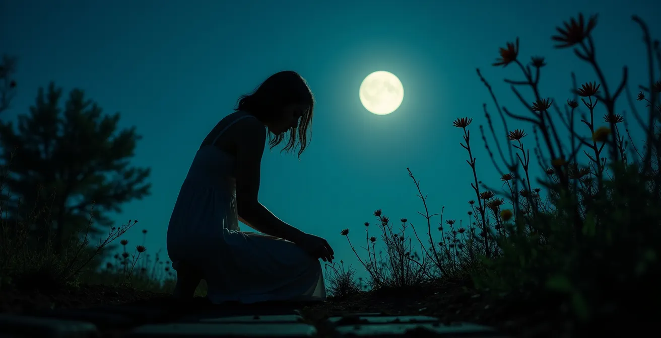Giardino notturno illuminato dalla luna piena con una donna che estirpa erbacce simboliche