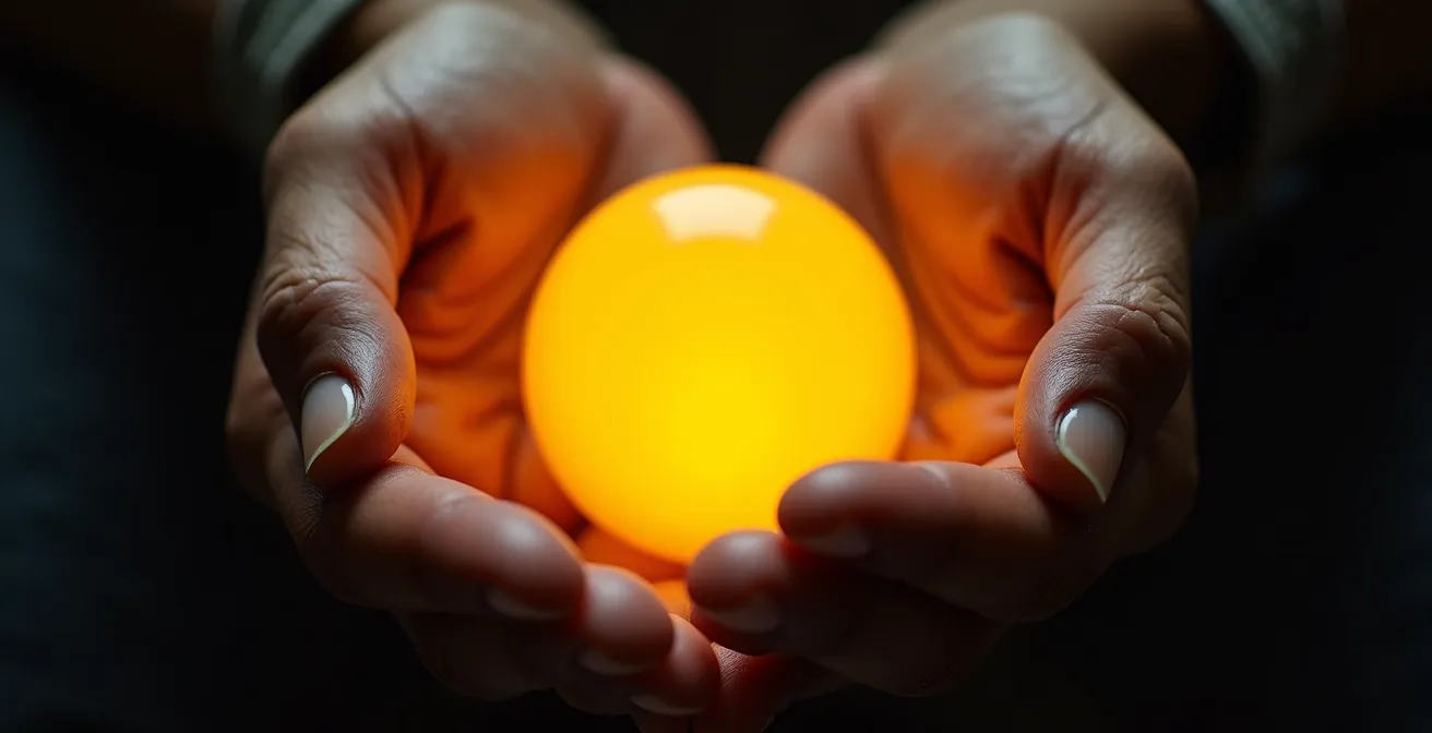 Mano che tiene delicatamente una sfera luminosa dorata rappresentante l'energia solare personale