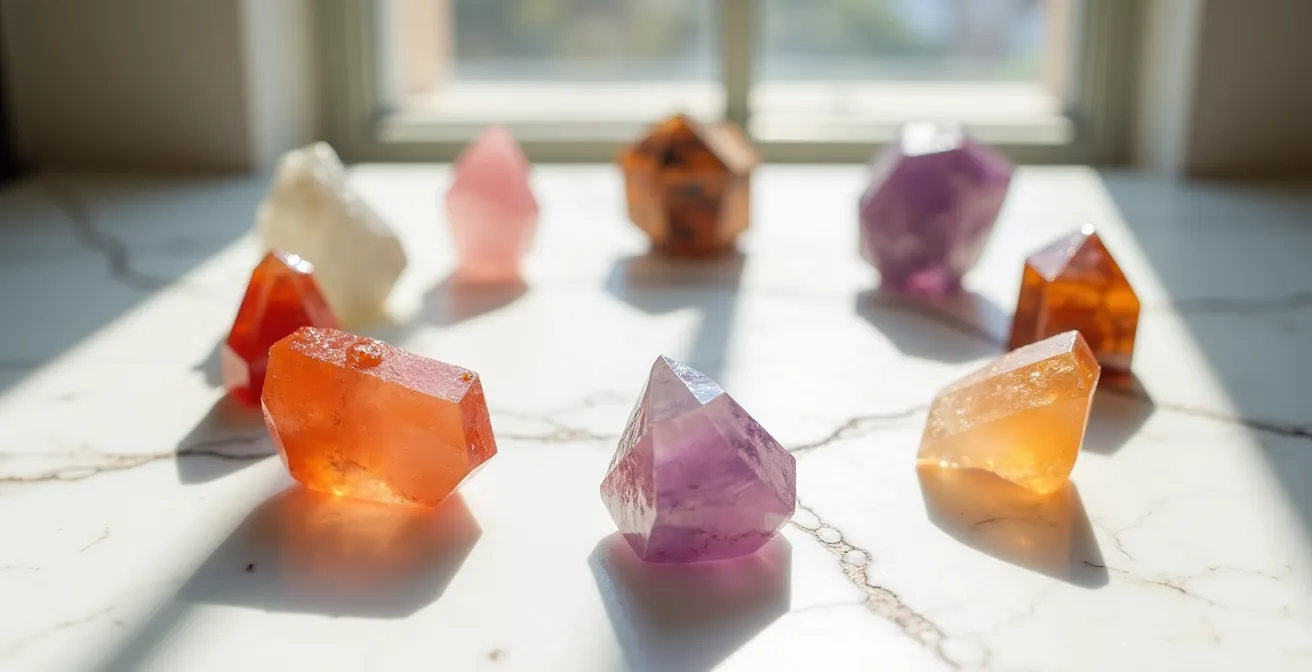 Cristalli colorati disposti in cerchio con carte tarocchi sfocate sullo sfondo