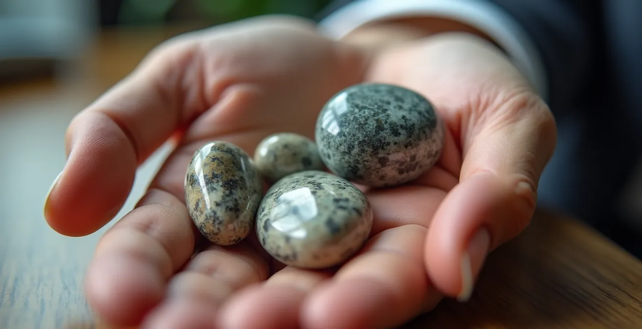 Mano che tiene cristalli levigati su scrivania minimalista