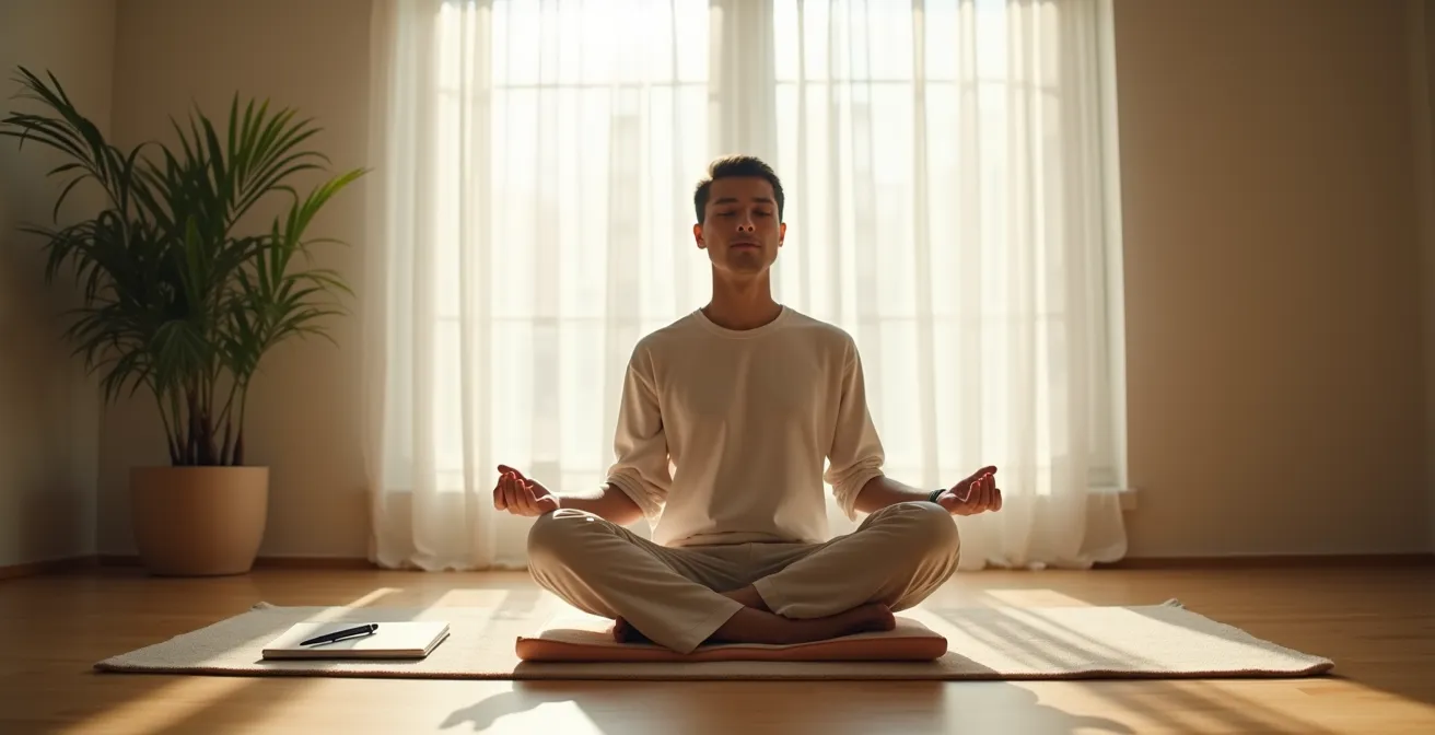 Persona in meditazione con quaderno e penna, ambiente sereno con luce naturale