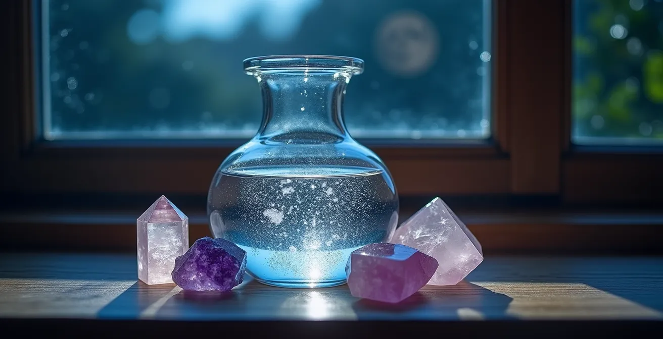 Caraffa d'acqua con cristalli esposta alla luce della luna piena sul davanzale