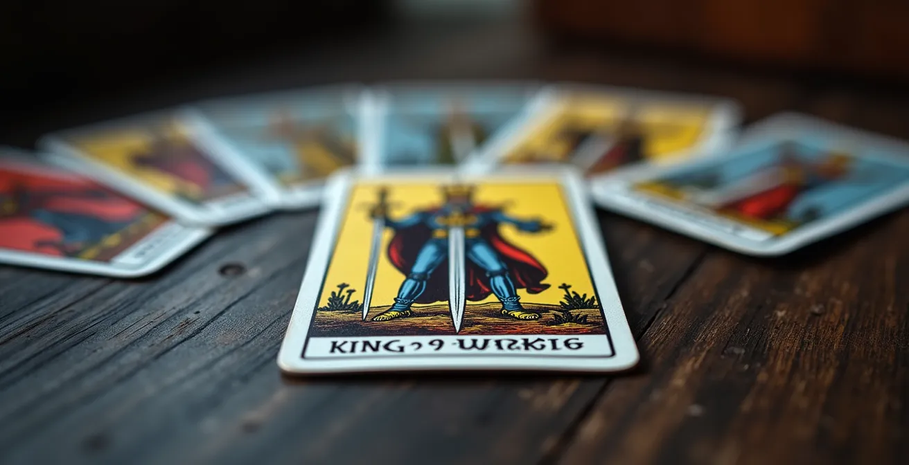 Primo piano di una carta del Re di Spade circondata da altre carte sfocate