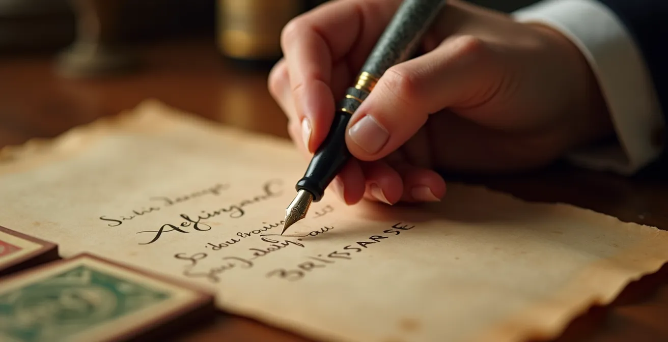 Primo piano di mani che scrivono domande trasformative su pergamena antica accanto a carte regionali italiane