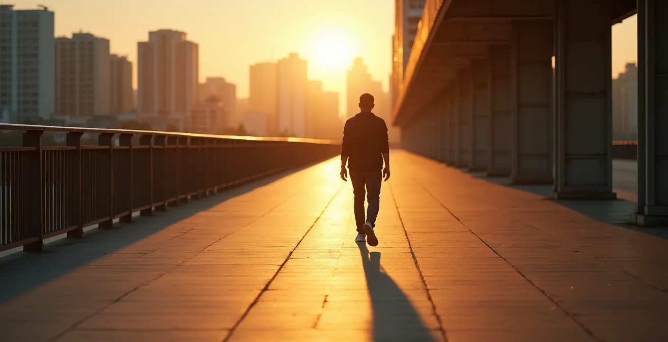 Persona che cammina consapevolmente in ambiente urbano al tramonto