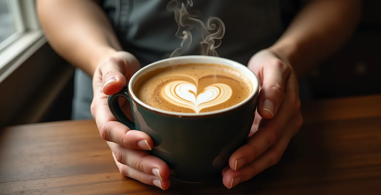 Mani che tengono una tazza di caffè con vapore che sale in luce naturale mattutina