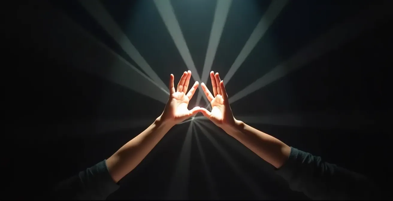 Mani in gesto rituale con fascio di luce che taglia corde invisibili