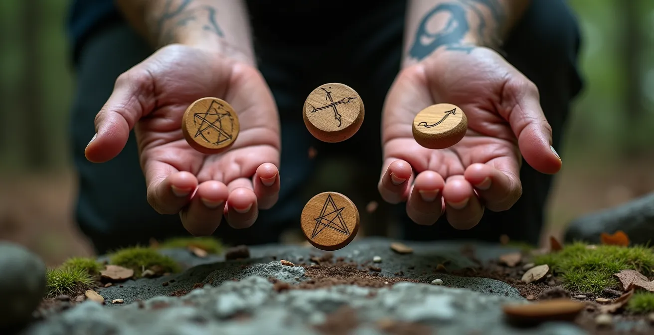 Mani che lanciano rune di legno su superficie naturale con energia visibile