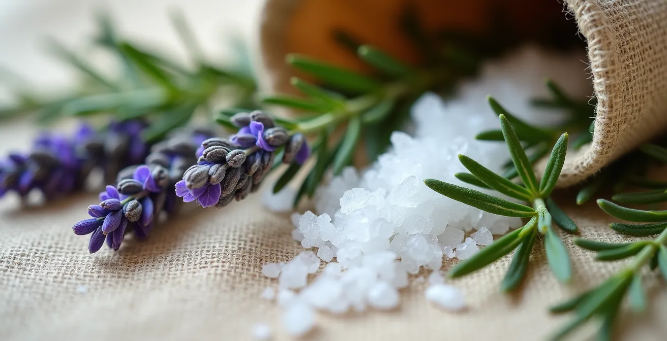 Dettaglio macro di erbe aromatiche e sale grosso disposti per creare un sacchetto protettivo