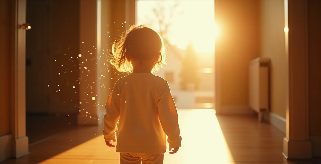 Bambino circondato da una sfera luminosa protettiva di luce bianca