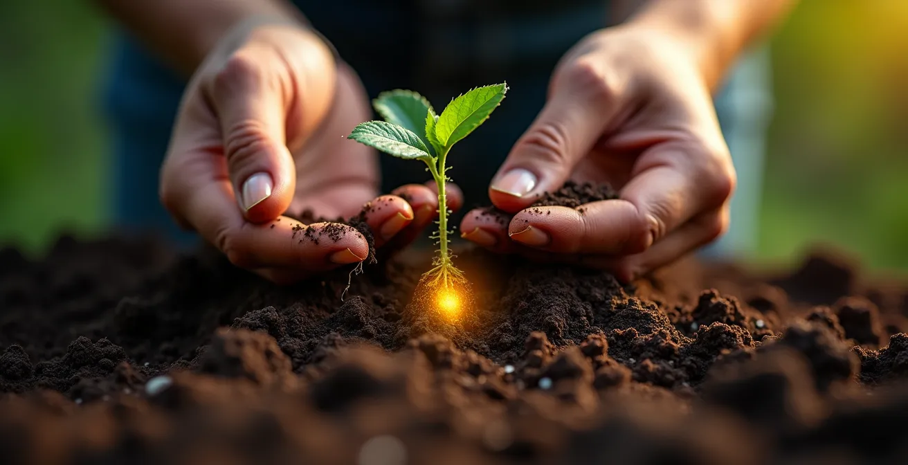 Mani che piantano un seme dorato in terra fertile con radici luminose visibili