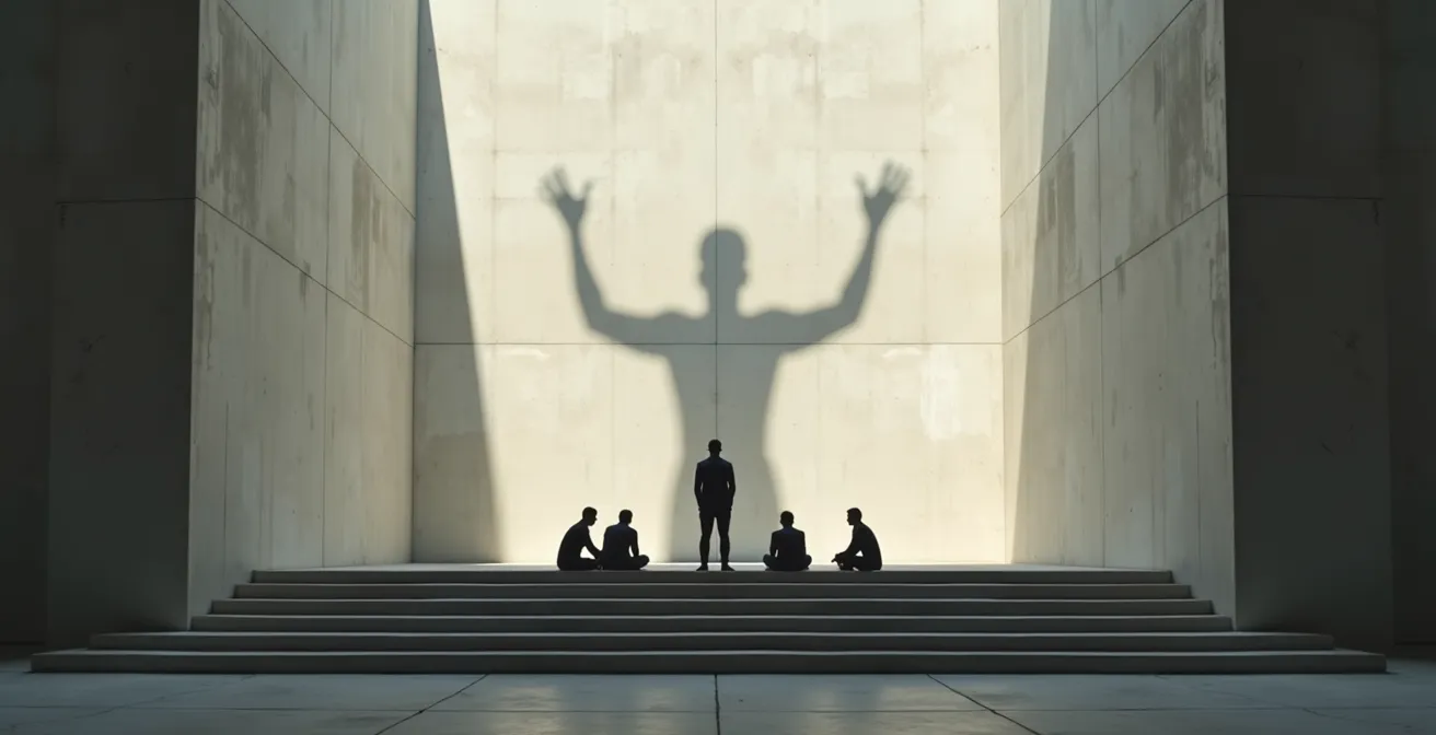 Figura in controluce che proietta un'ombra imponente su altre persone più piccole