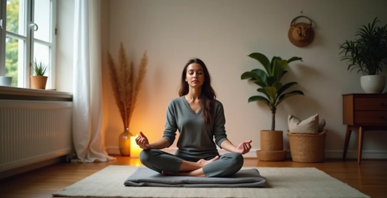 Angolo meditazione minimalista con cuscino e candela in ambiente sereno
