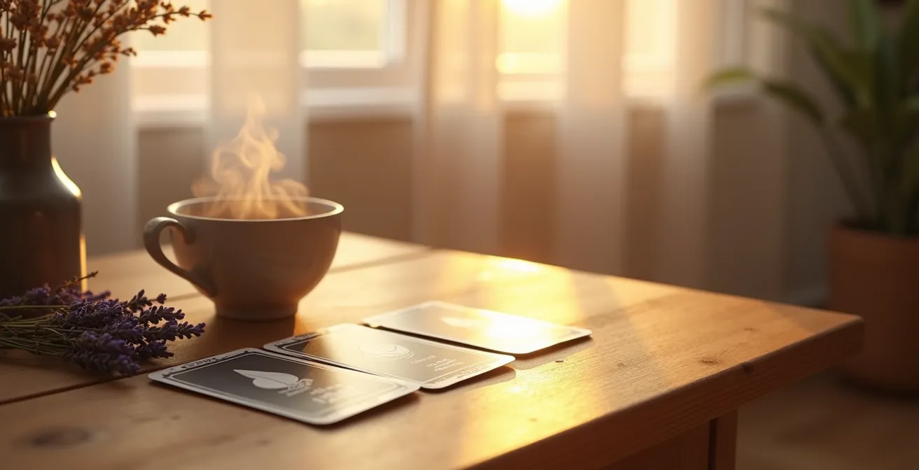 Tavolo con tre carte tarocchi illuminate dalla luce dell'alba attraverso una finestra