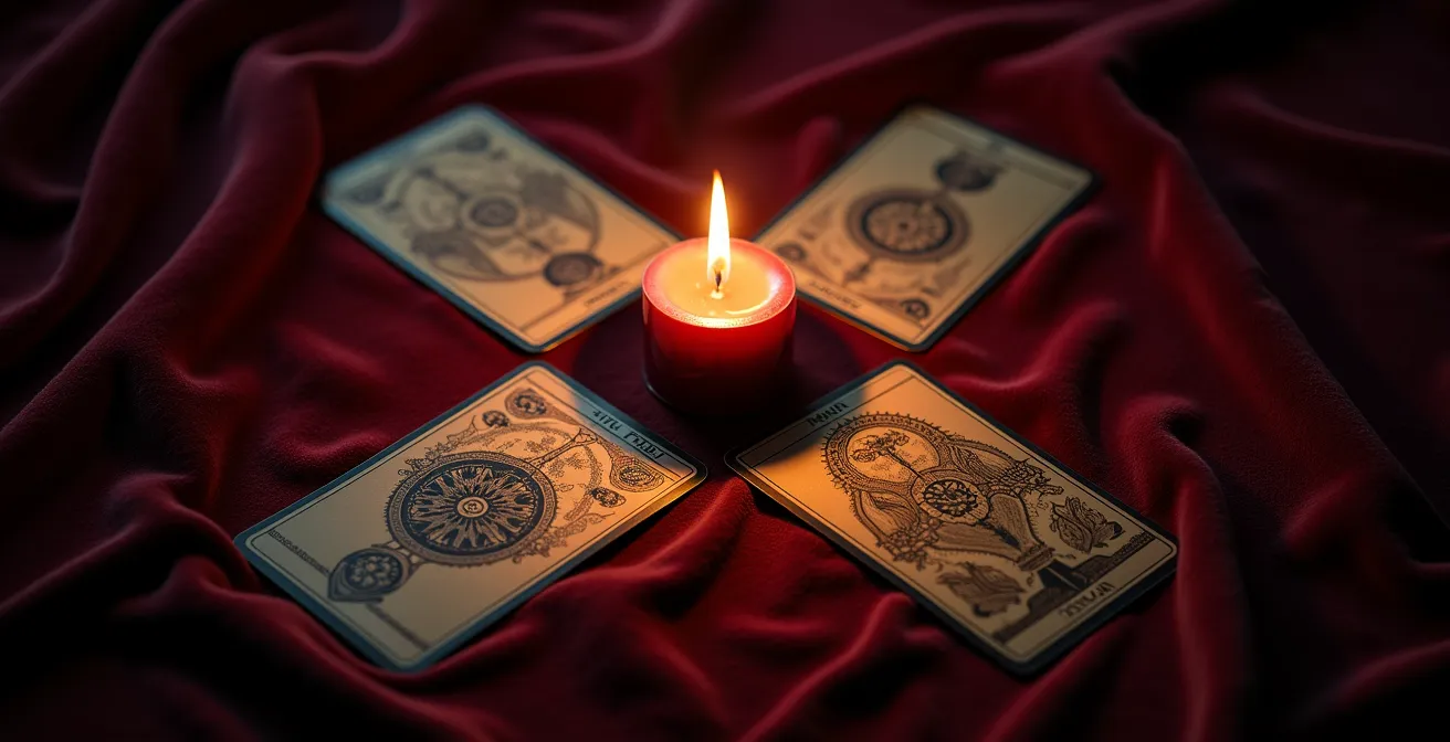 Disposizione circolare di carte tarocchi illuminate da candele per introspezione emotiva