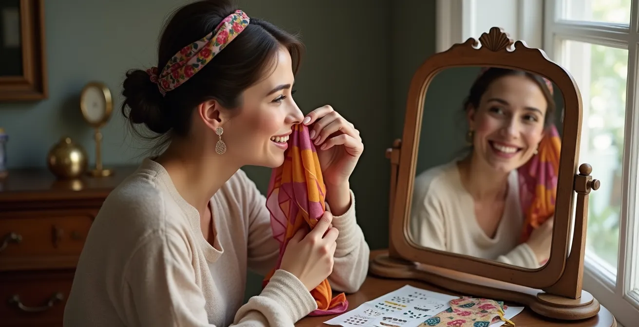 Donna che prova diversi accessori temporanei davanti a uno specchio antico