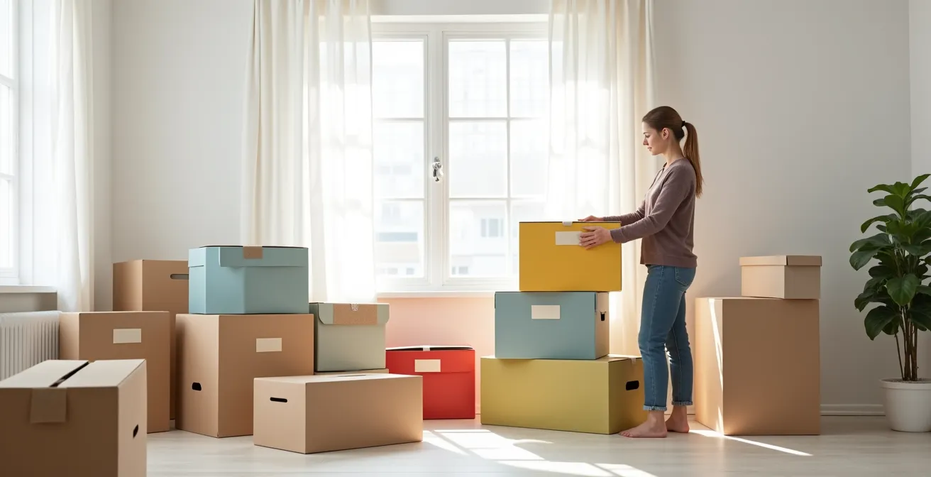 Persona organizza meticolosamente scatole di trasloco con etichette colorate in un ambiente ordinato