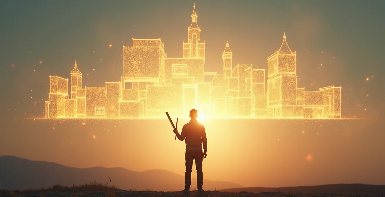 Architetto spirituale che progetta una cattedrale di luce con compassi dorati